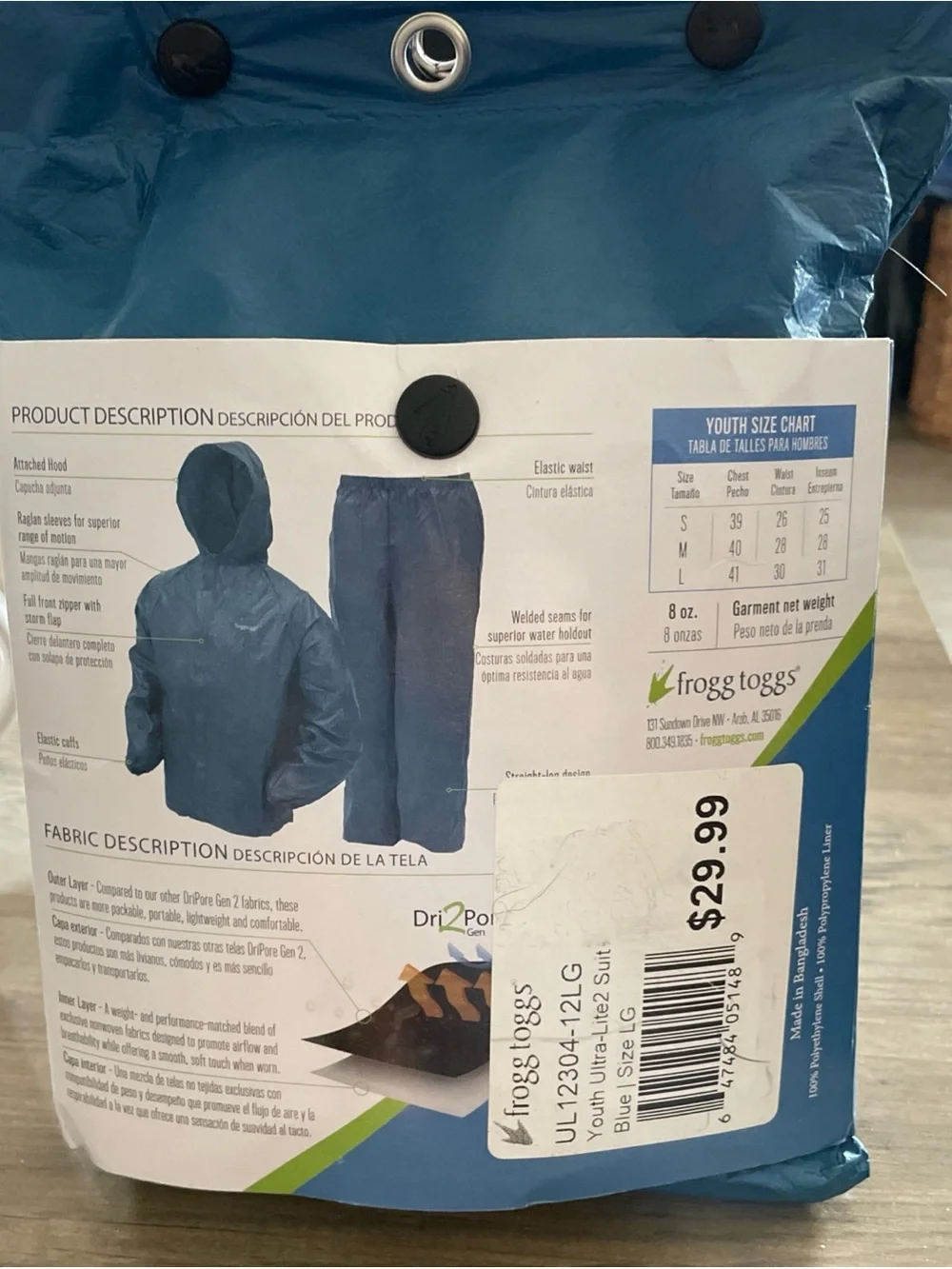Frogg Toggs youth ultra lite blue Rain suit packable kids hooded Rain suit  NEW